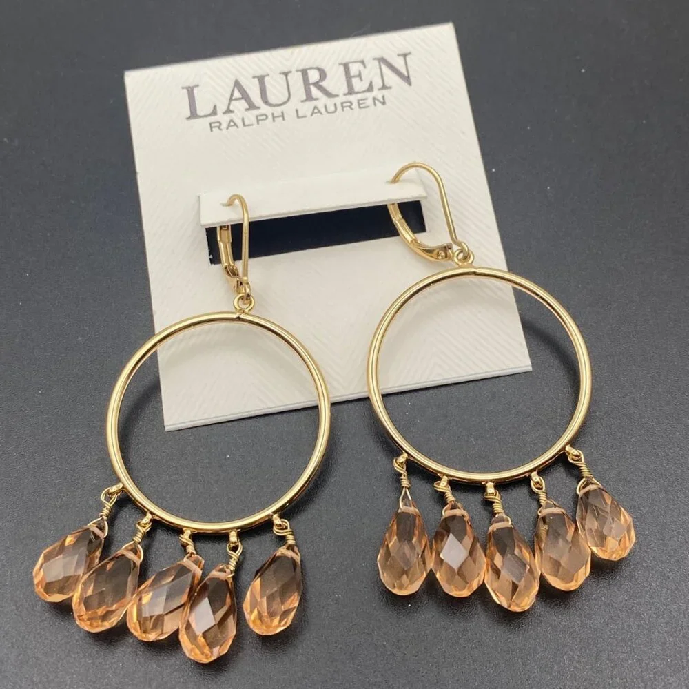 NWT Lauren Ralph Lauren Gold-Tone Hoop Earrings Peach Crystal Beads Drop Dangle - Picture 2 of 9